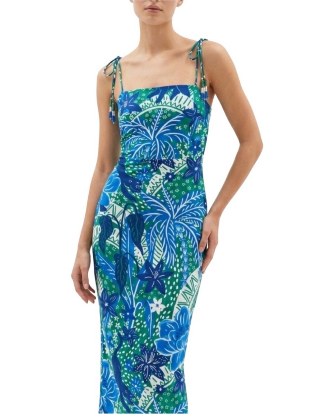 Rachel Zoe Tropical Floral Jungle Cat Linen Blend Midi Dress XL Beaded Tassels